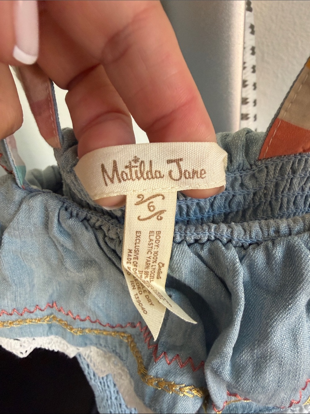 Matilda Jane Light Blue Denim Smocked Romper with Multicolor Striped Straps - Picture 2 of 3